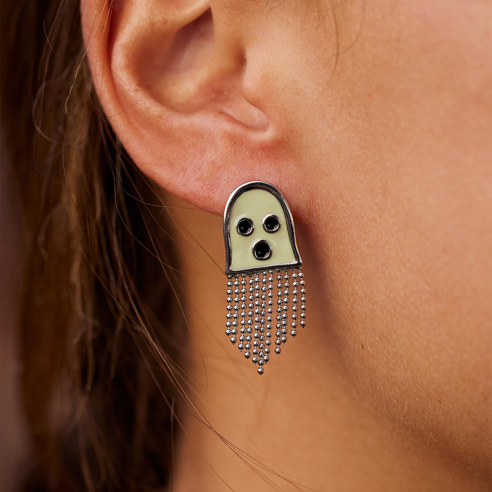 Pura Vida Ghost Emoticon Glow in the Dark Stud Earrings - Halloween Earrings for Women, Silver Dangle Earrings - Halloween Jewelry, Cute Earrings - Silver/Black - Image 3