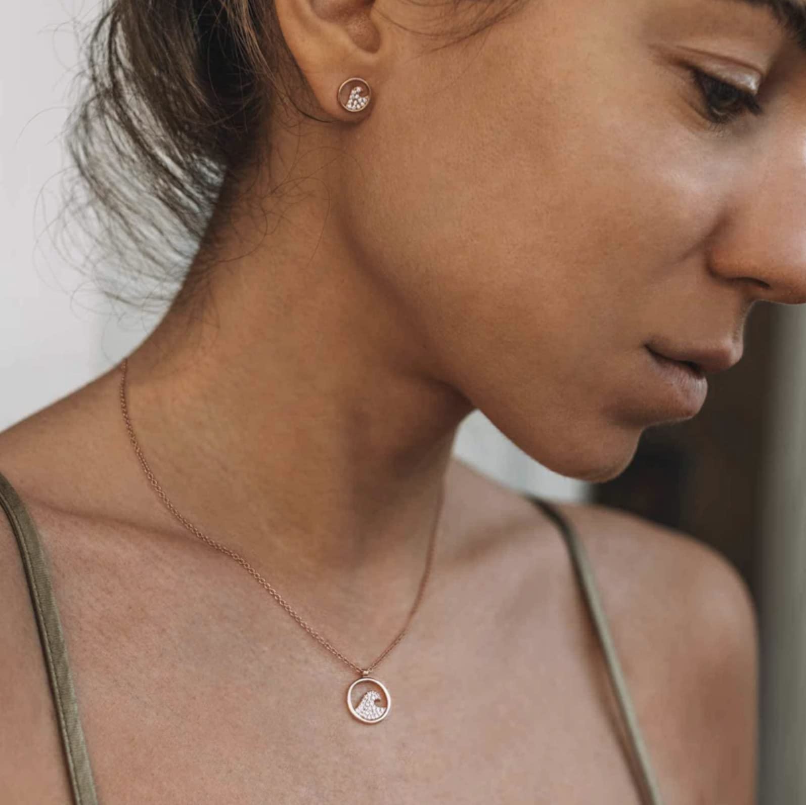 Pura Vida Rose Gold Pave Wave Necklace & Earring Set - Matching Jewelry Pack with Cubic Zirconia Studs - Image 3