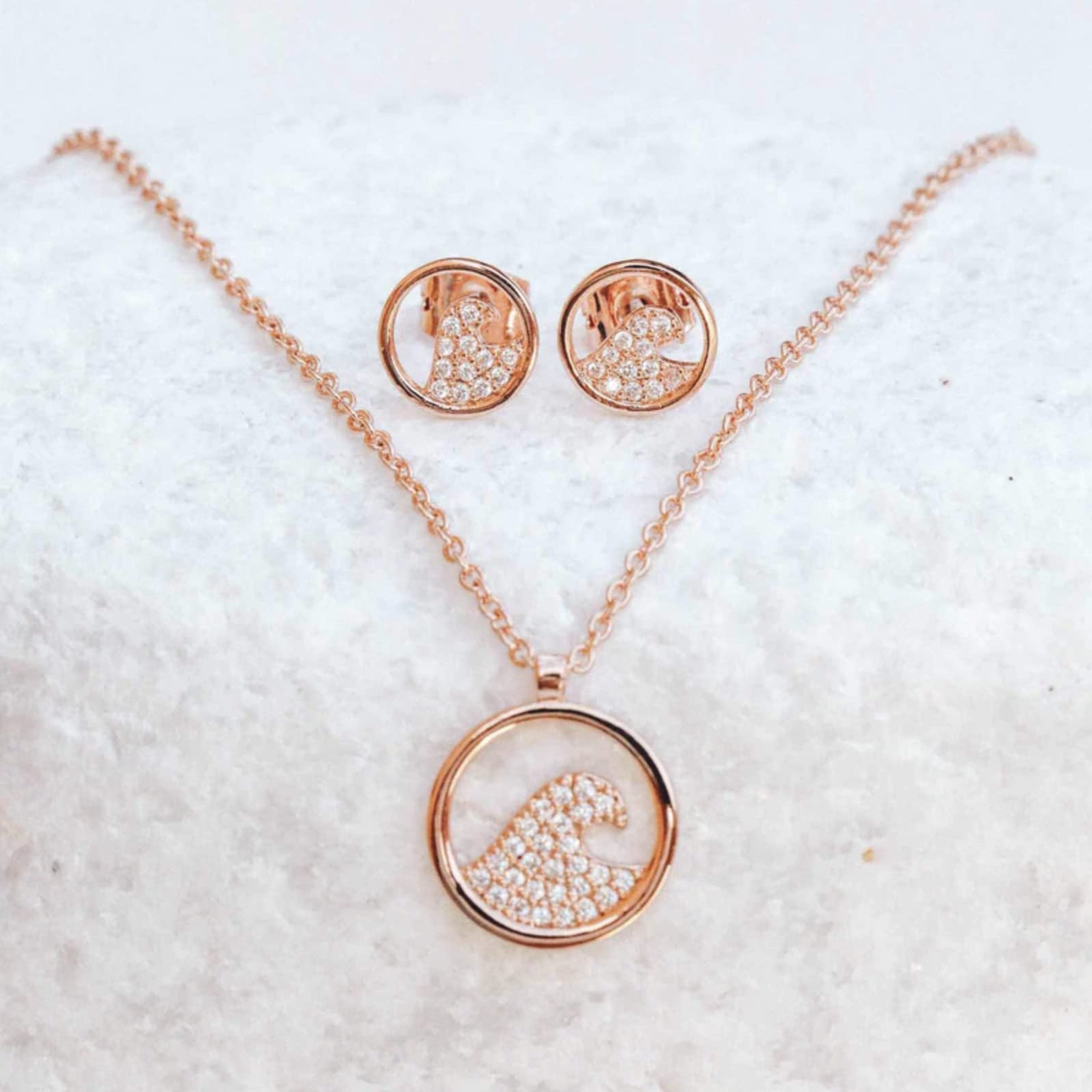 Pura Vida Rose Gold Pave Wave Necklace & Earring Set - Matching Jewelry Pack with Cubic Zirconia Studs - Image 4