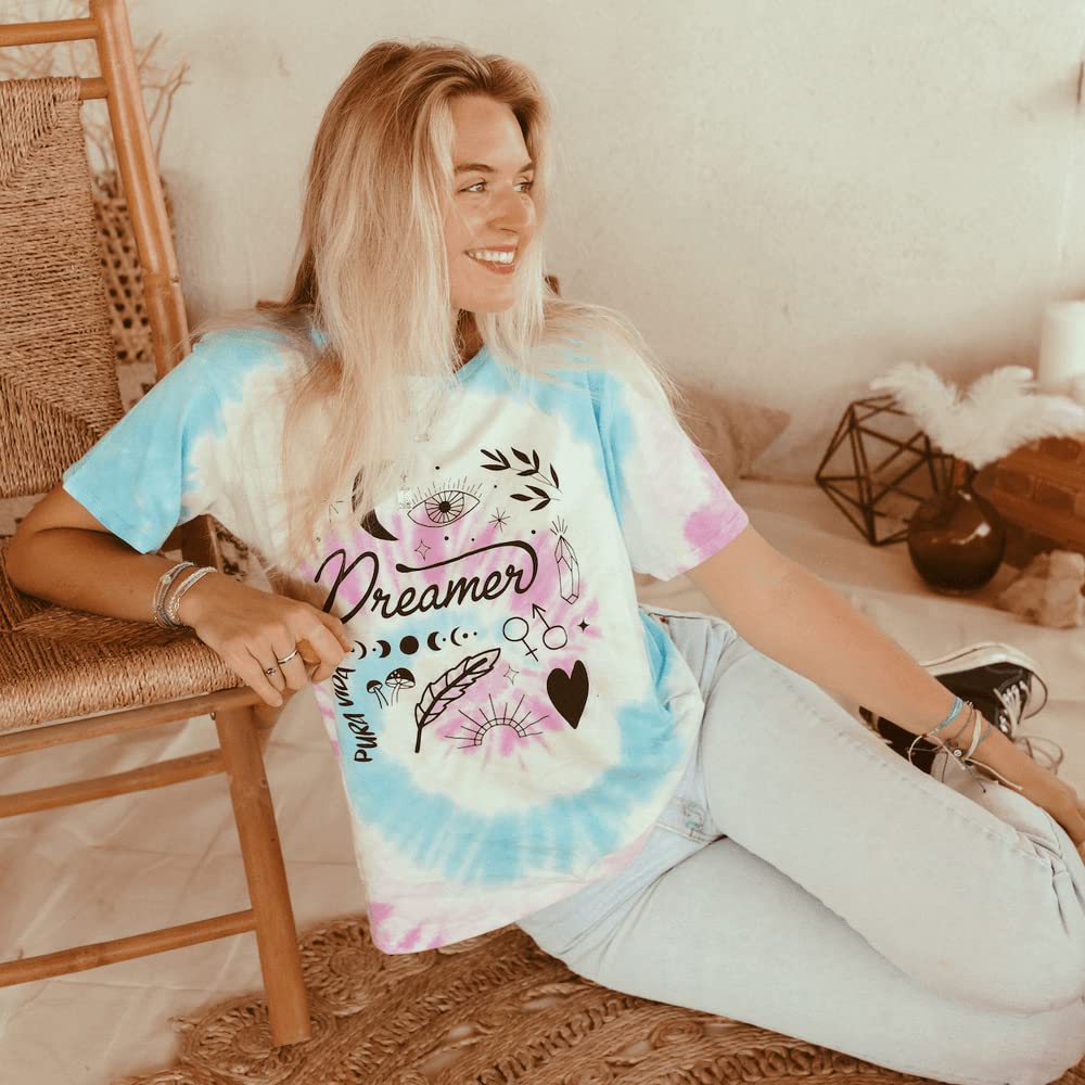Pura Vida Women's Dreamer Crewneck Shirt - Short Sleeves, Oversized Tee - Purple & Blue Tie Dye - Image 7