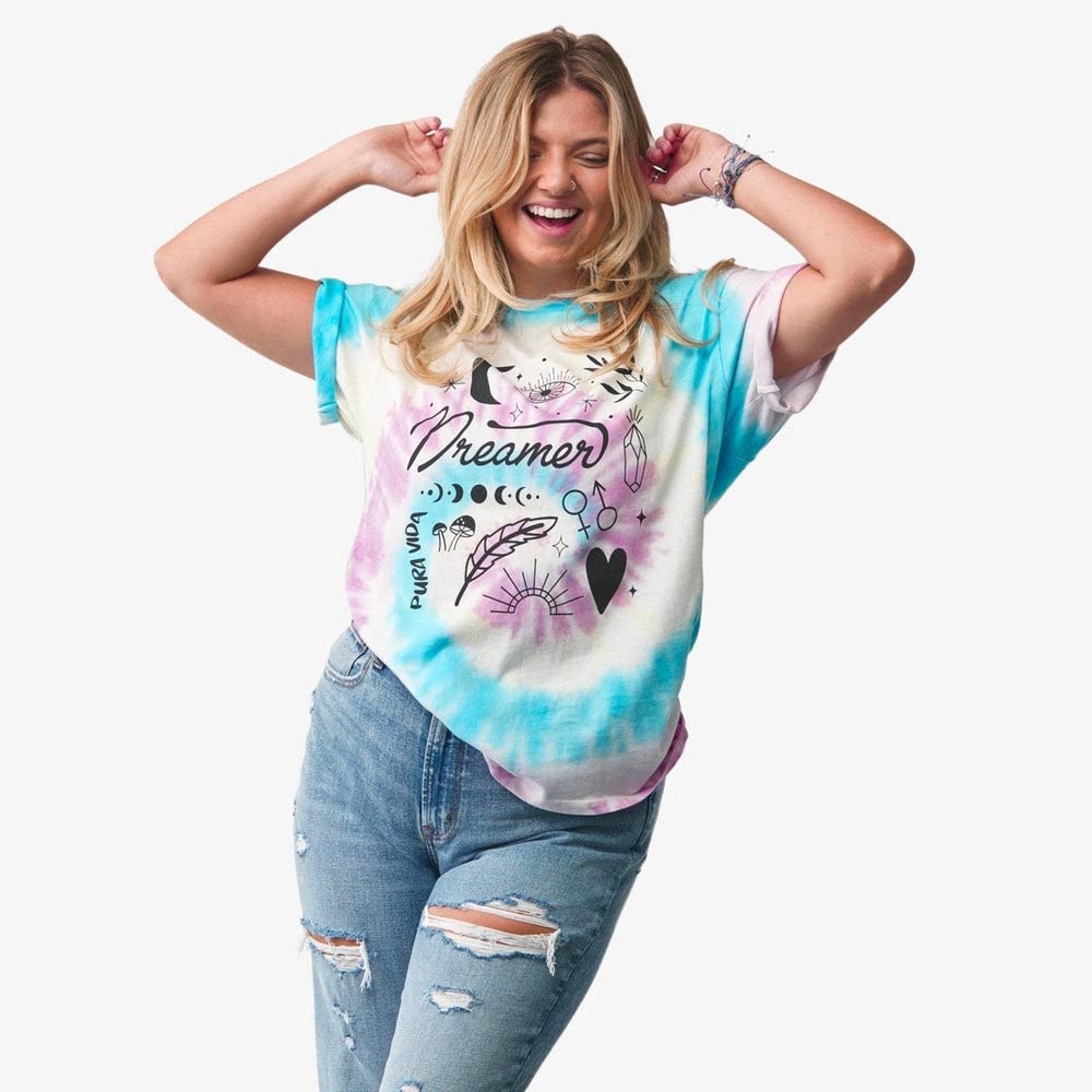 Pura Vida Women's Dreamer Crewneck Shirt - Short Sleeves, Oversized Tee - Purple & Blue Tie Dye - Image 8